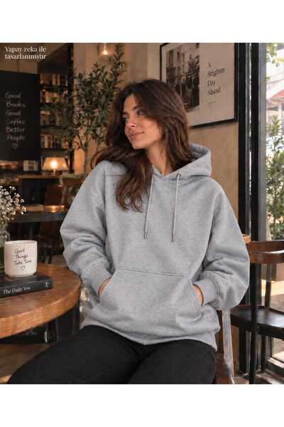 caddekombin Women's Hooded Sweatshirt - Oversized Plain Patternless Two-Stran...