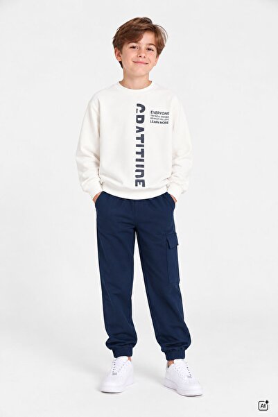 CansınMini Navy Blue Boys' Text Printed Cargo Pocket Tracksuit Set 24849