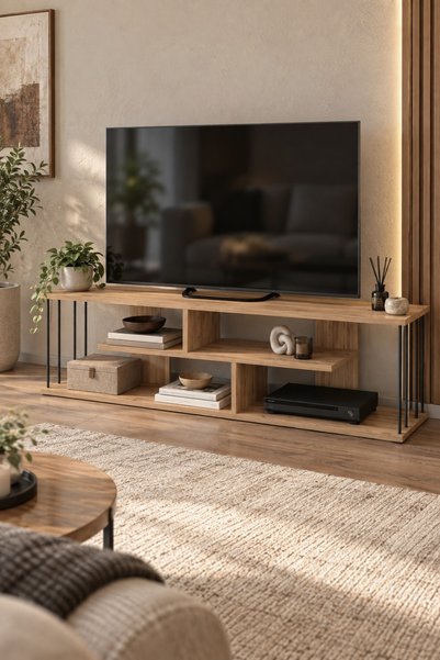 SuloraHome Ceviz Desenli 140 cm TV Ünitesi ve Raf Sistemli Televizyon Sehpası