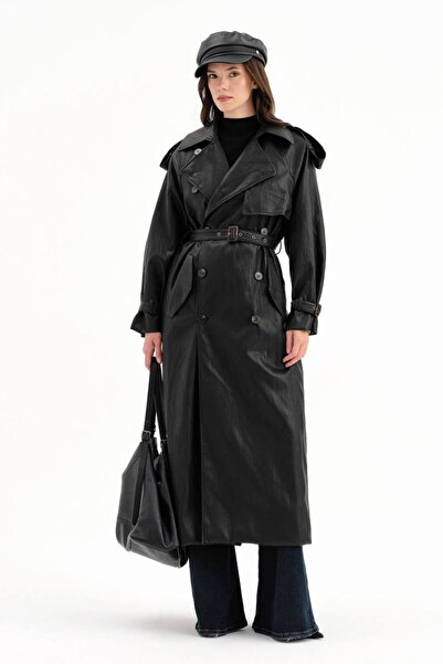 tw3 Women's Leather Fabric Premium Quality Lined Belted Design Trench Coat