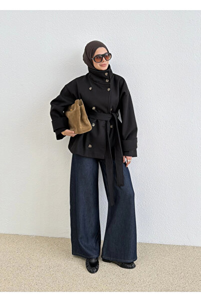 MODA AKSA DİK YAKA KAŞE KABAN SİYAH