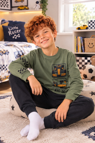 Tarık Boy's 100% Cotton Interlock Pajama Set Green Long Sleeve Printed Comfor...