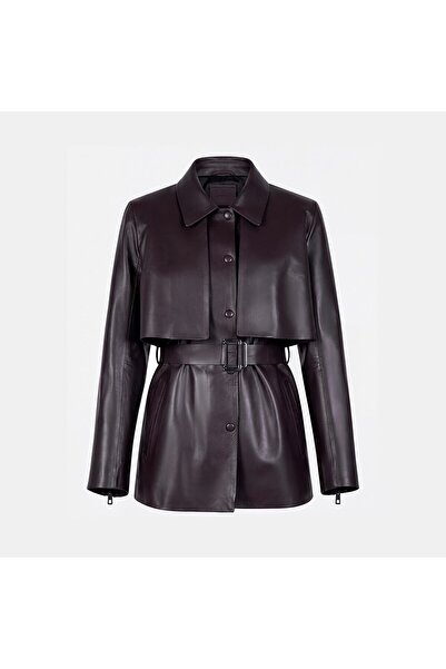 Desa Women's Bitter Brown Belted Double Layered Vest Leather Trench Coat