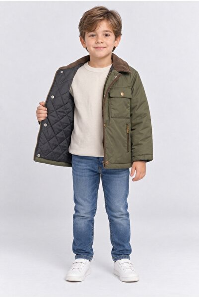 AHENGİM Boy's Velvet Collared Quilted Lined Coat with Zipper Pockets Casual W...