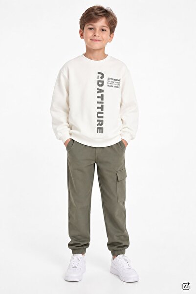 CansınMini Khaki Boys' Text Printed Cargo Pocket Tracksuit Set 24850