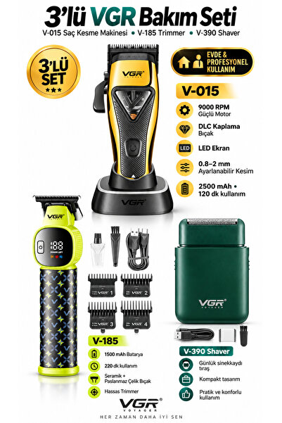 VGR Voyager V-015 Clipper - V-185 Trimmer - V-390 Shaver 3'lü Berber Tıraş Seti