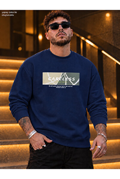 caddekombin Men's Careless Printed Crew Neck Casual Regular Fit Sweatshirt
