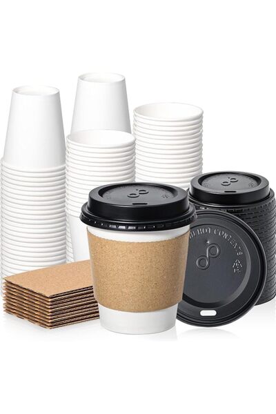 Fit Meal Prep Hot Beverage Disposable White Paper Coffee Cup with Black Dome ...