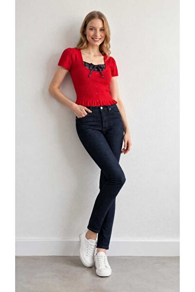 yeditepe fashion Plaid Detail Short Sleeve Elite Knitwear
