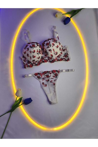 Kadın Kırmızı Çiçek Nakışlı Destekli Balenli Sütyen & String Külot Takımı – Şık 2’li Set