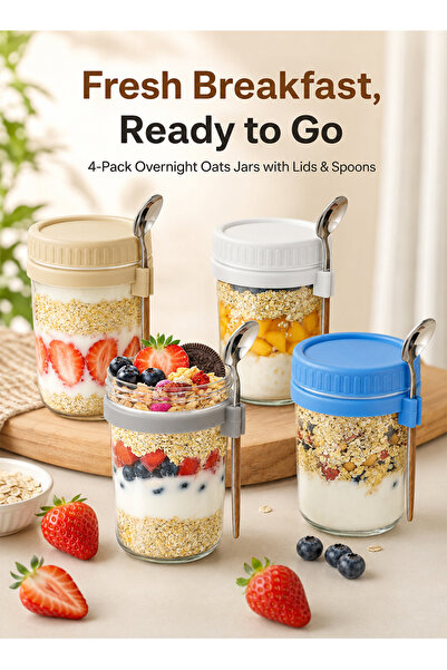 Yoawllty 4 Pack 16oz Glass Overnight Oats Jars with Lids & Spoons, Leakproof ...
