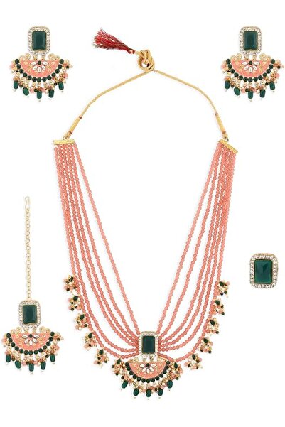 ZAVERI PEARLS Peach & Green Multistrands Bridal Necklace Earring Maangtikka &...