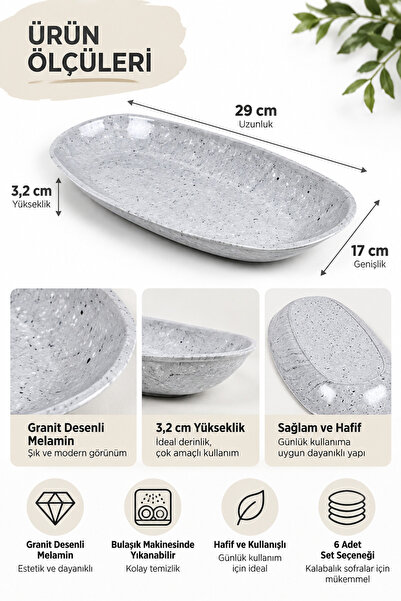 Binbirreyon 6 Adet Kayık Tabak Melamin Servis Tabağı 29cm Granit Desenli RA674