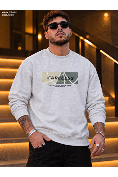 caddekombin Men's Careless Printed Crew Neck Casual Regular Fit Sweatshirt