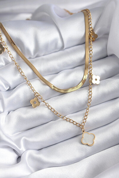 ARMÜZ 316L Steel Gold Color 2-Piece Italian Chain Model White Clover Figure W...
