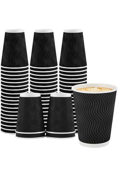 MAKINGTEC 50 Pack 12 oz Black Disposable Coffee Cups, Corrugated Ripple Wall ...