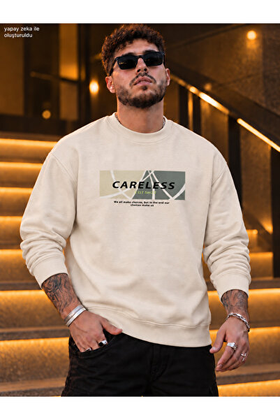caddekombin Men's Careless Printed Crew Neck Casual Regular Fit Sweatshirt