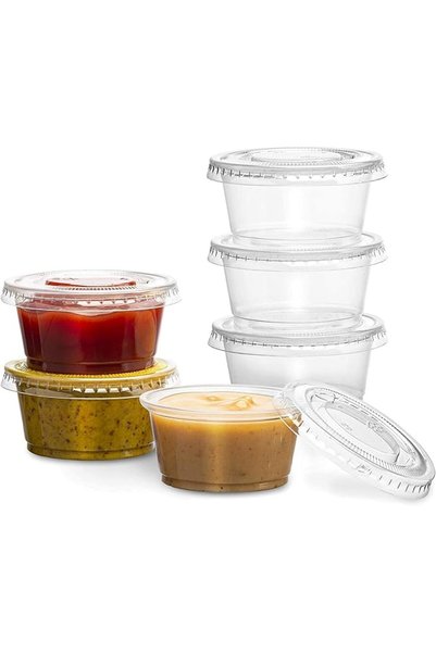 MARKQ [100 Pack] 2 oz. Clear Plastic Disposable Portion Cups with Lids- Avail...