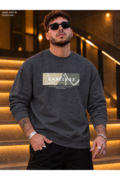 caddekombin Men's Careless Printed Crew Neck Casual Regular Fit Sweatshirt
