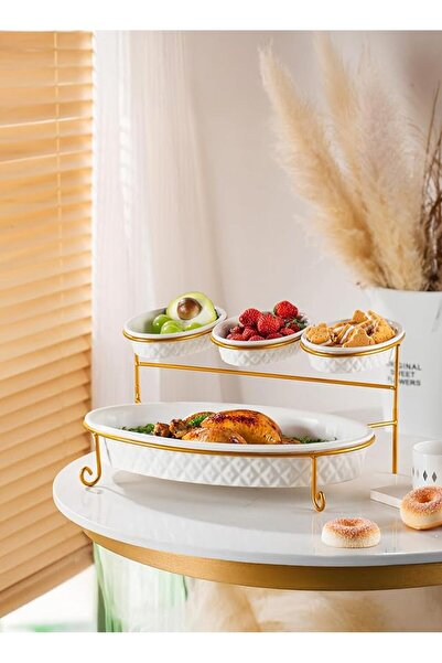Royal Bone China Shallow Porcelain 2-Tier Oval Serving Set - Gold Stand Rack ...
