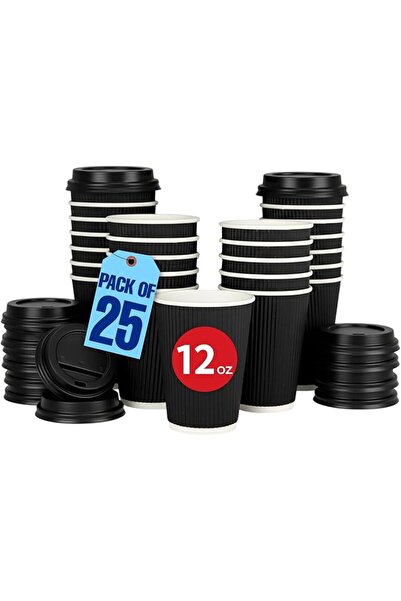MARKQ [25 مجموعة] 12 أونصة. أكواب قهوة سوداء للاستخدام مرة واحدة مع أغطية - أ...