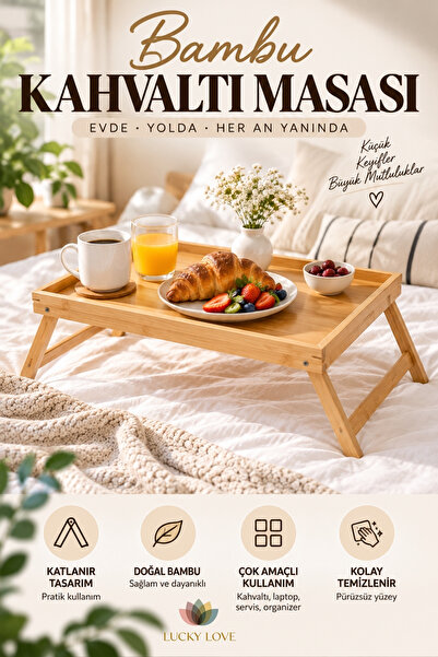 Lucky Love Bambu Katlanır Kahvaltı Masası Yatak Üstü Servis Tepsisi Laptop Ça...