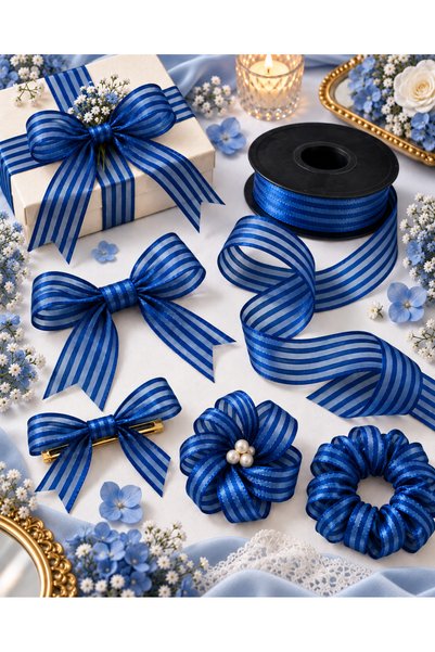 kubbe tekstil aksesuar Saks Blue Striped Chiffon Ribbon 2.5 cm – 1 Roll 20 Meters – Decorative Bow, Gift Wrapping and Organizational Decoration Ribbon