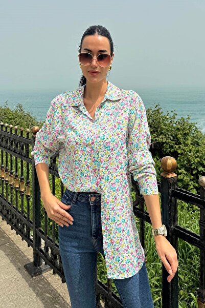 tuo picco Flower Pattern Pink Blue Viscose Shirt