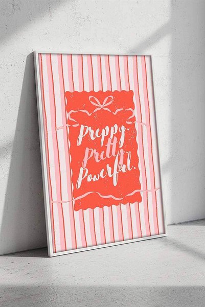 Modern Preppy Pretty Powerful Yazılı Pembe Çizgili Çerçeveli Tablo Salon ve Genç Odası Dekorasyonu