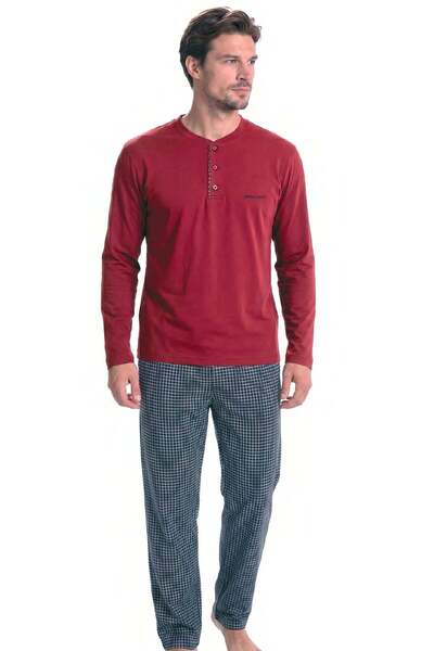 Pierre Cardin 6146 Men's Long Sleeve Buttoned Collar Pajama Set-Burgundy