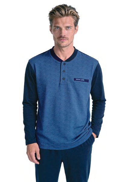 Pierre Cardin 6142 Men's Long Sleeve Buttoned Collar Jacquard Pajama Set-Navy...