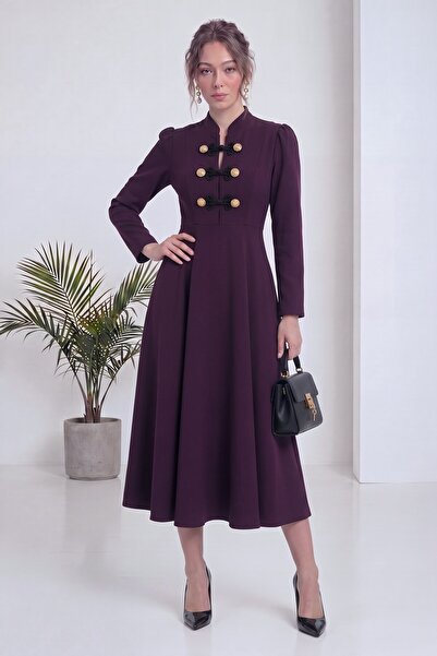 zks grup tekstil فستان سهرة نسائي بأكمام طويلة وياقة عالية وأزرار ذهبية مفصلة...