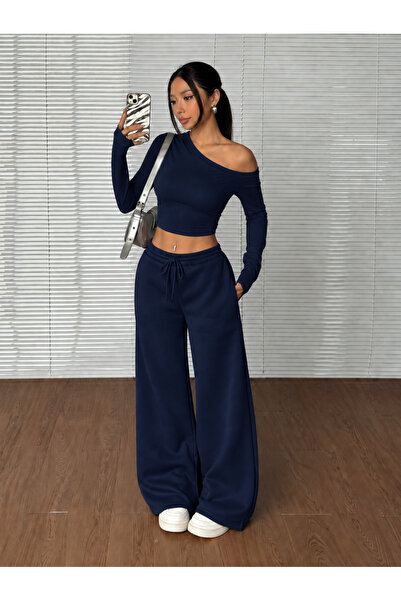 Machetta Kadın Kayık Yaka Crop Body Bol Paça Eşofman Altı 2'li Alt Üst Takım