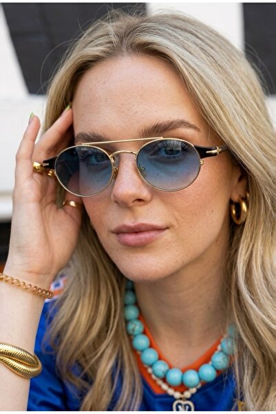 Chunky Frame Berina Unisex Elips Mavi Gold Sarı Çerçeveli Ultra Hafif Uv400 Filtreli Güneş Gözlüğü