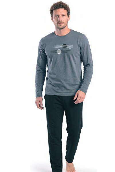 Pierre Cardin 6153 Men's Long Sleeve Crew Neck Pajama Set - Gray
