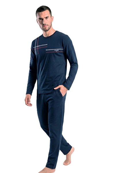 Pierre Cardin 6152 Men's Long Sleeve Crew Neck Pajama Set - Navy Blue