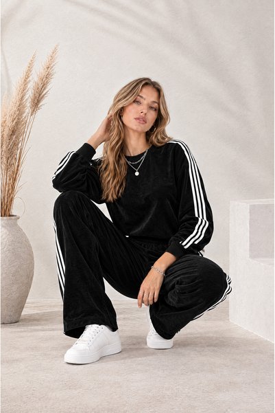 Missrelda Moda Sporty Stylish! Women's Crew Neck Striped Sleeve Sweatshirt and Wide Leg Pants Velvet Wide Leg Two-Piece Set