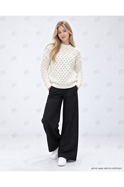 Minimoda Kids Kız Çocuk Krem Kabartma Desenli Triko Kazak