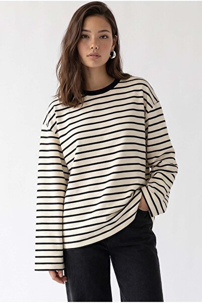 Mixray 2236 Çizgili Bisiklet Yaka Uzun Kol Oversize Sweatshirt Siyah