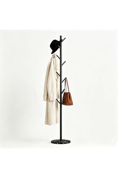 GENERAL Black Tree Branch Free Standing Coat Rack with White Marble Base, Mul...