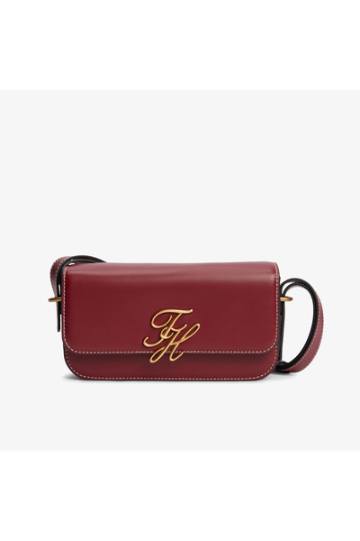 Tommy Hilfiger Script Leather Flap Crossover Kadın Kırmızı El Çantası