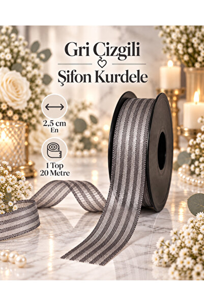 kubbe tekstil aksesuar Gri Çizgili Şifon Kurdele 2,5 cm – 1 Top 20 Metre Hedi...
