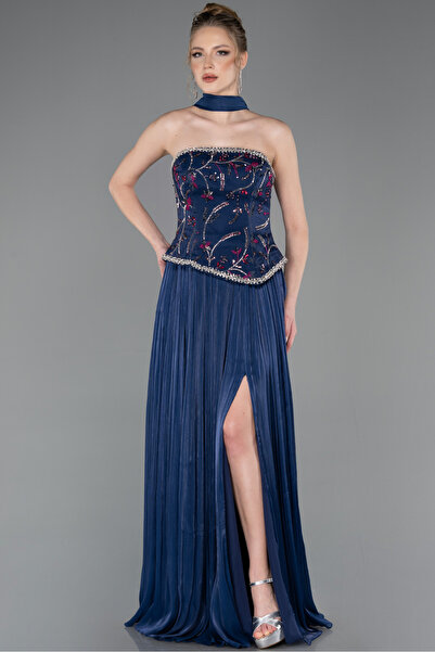 Abiyefon Lacivert Straplez Peplum Kesim Pliseli Uzun Abiye ABU5786
