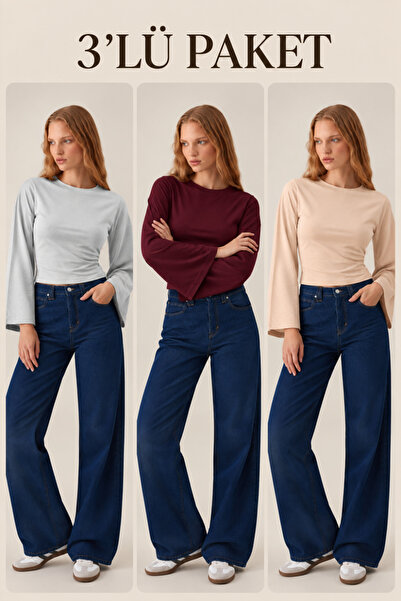 COMBİNE MİCHAİL Women's Long Bat Sleeve 3-Piece Crop Blouse