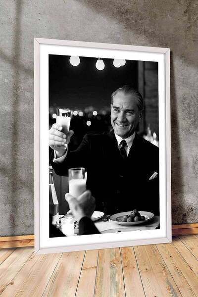 duvarz Atatürk Portresi Sofra Temalı Siyah Beyaz Çerçeveli Tablo Ev Salon Ofi...
