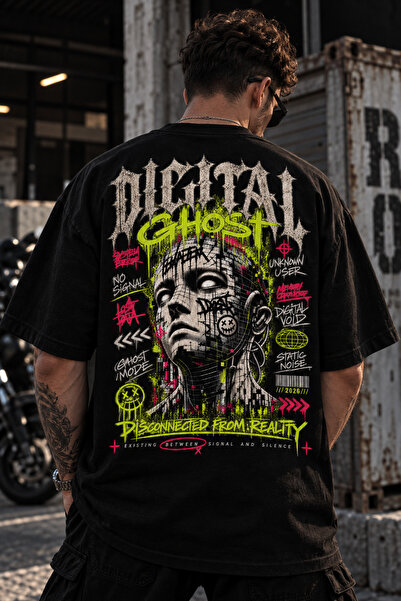 VAEL Nocturne Digital Ghost Siyah Oversize Sırt Baskılı Erkek T-shirt