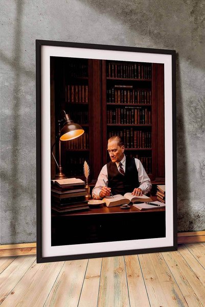 Atatürk Kütüphane Temalı Çerçeveli Tablo Ofisİşyeri ve Çalışma Odası Tablosu