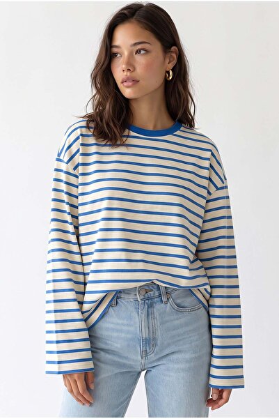 Mixray 2236 Çizgili Bisiklet Yaka Uzun Kol Oversize Sweatshirt Mavi