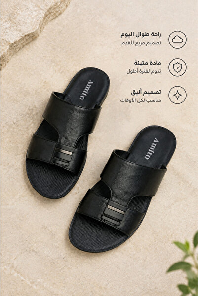 Generic Brand شباشب رجالية جلدية مفتوحة من الأمام بحزامين ومشبك مزخرف، مريحة ...