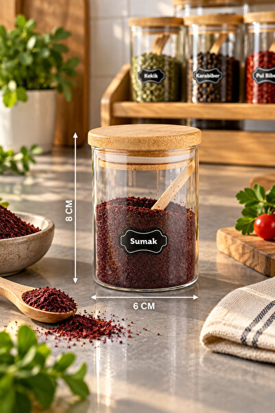 Karçiçeği Home 12'li 200ML Bambu Kapaklı Kaşıklı Baharatlık Seti Etiket Hediyeli